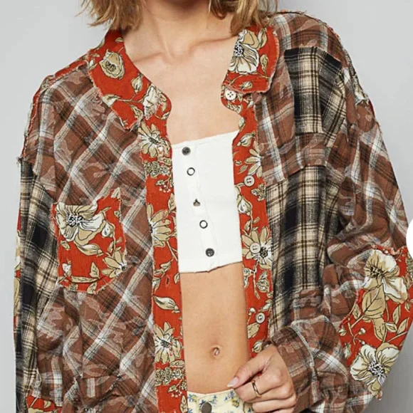 POL Floral Plaid Women's Button Down - Brown and Orange - Picture 2 of 6